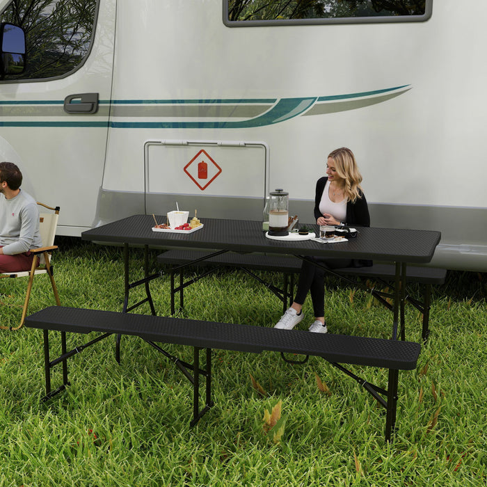 Outsunny 6ft 3-piece Faux Rattan Folding Picnic Table W/ 2 Benches, Black