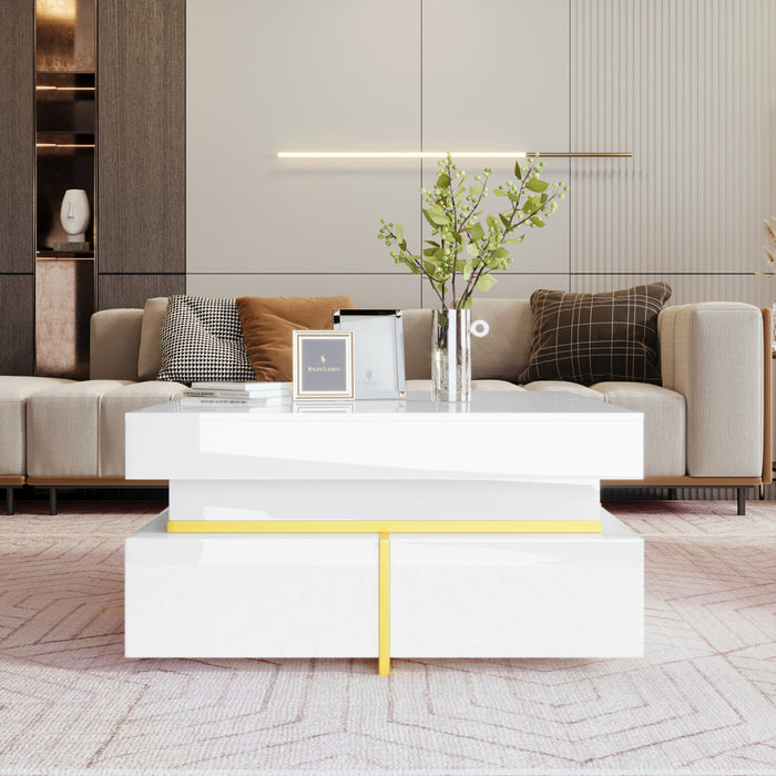 Ava Table Basse a Fini Haute Brillance avec Tiroirs de Rangement et Accents Dores, Blanc