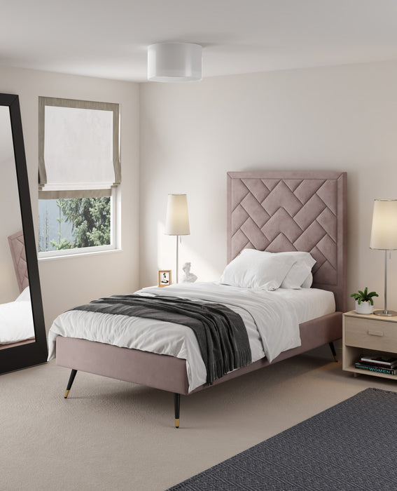 Lit simple moderne Crosby en velours capitonne, coloris rose blush