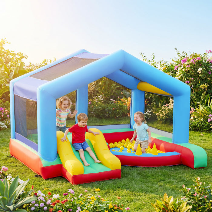 Chateau gonflable Qaba pour enfants avec toboggan, piscine a balles et jeu de lancer d'anneaux, souffleur inclus