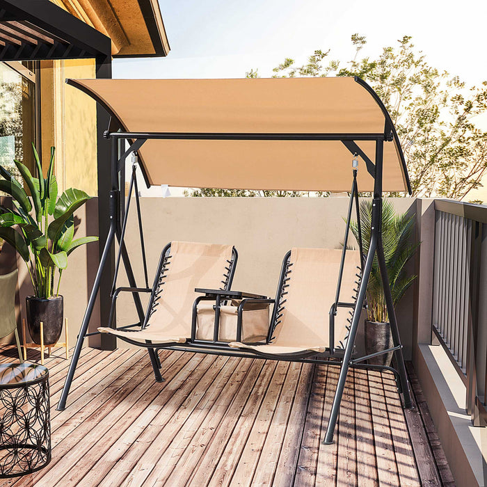 Outsunny Balancelle De Jardin 2 Places Table D'appoint Pivotante + Rangement Integre Inclinaison Toit Reglable Metal Noir Polyester Beige