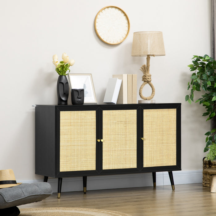 HOMCOM Buffet de cuisine avec 3 etageres portes en rotin, Noir