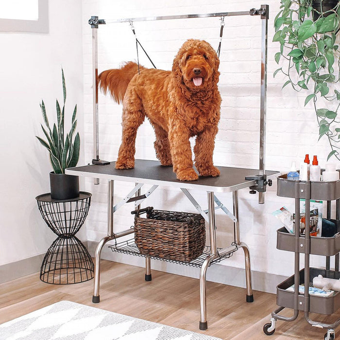 Pawhut Table De Toilettage Reglable Pour Chien Dessus En Caoutchouc 2 Elingues De Securite Panier De Rangement En Maille Heavy Metal Noir 42.25\"l X 23.5\"l X 67\"h