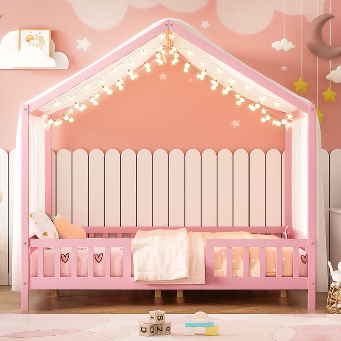 Paul Lit Montessori au sol avec baldaquin et barrieres hautes, Taille Double, Rose