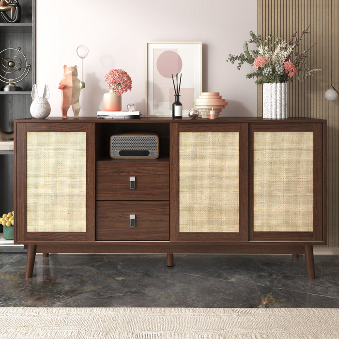 Oliver 61\" Buffet avec Portes Coulissantes en Rattan et Tiroirs, Marron Fonce