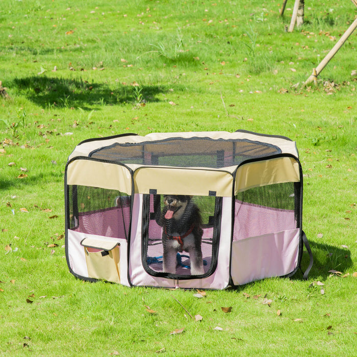 Pawhut 49,2 Pouces Grand Parc D'exercice Pour Chiots Pour Animaux De Compagnie Portable Chien Chat Enclos Pour Animaux De Compagnie Cage Tente Chenil Caisse Rose Sac De Transport Inclus