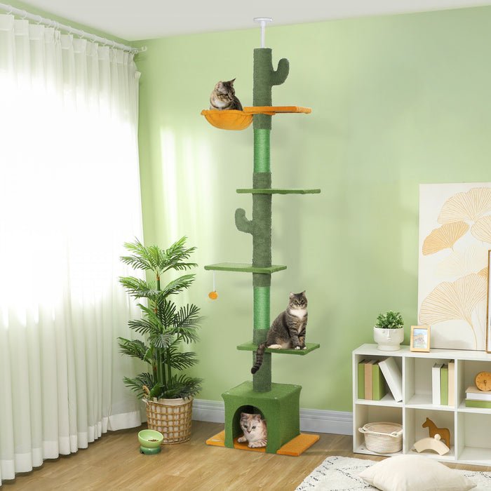 Pawhut Arbre A Chat Du Sol Au Plafond, Tour Pour Chat Avec Hauteur Reglable De 90,5\" A 108\", Centre D'activite A 5 Niveaux Avec Griffoirs, Balle Jouet Pour Chats D'interieur, Vert