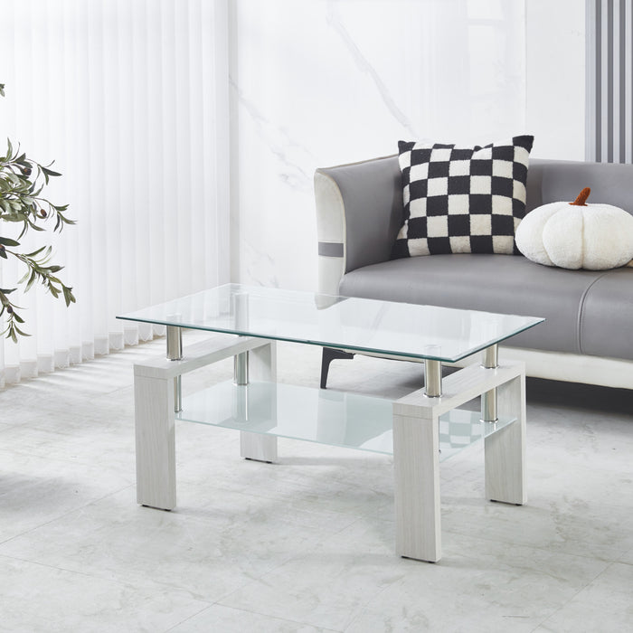 Table basse moderne Lucius au design geometrique en verre trempe avec cadre en metal et verre transparent, blanc