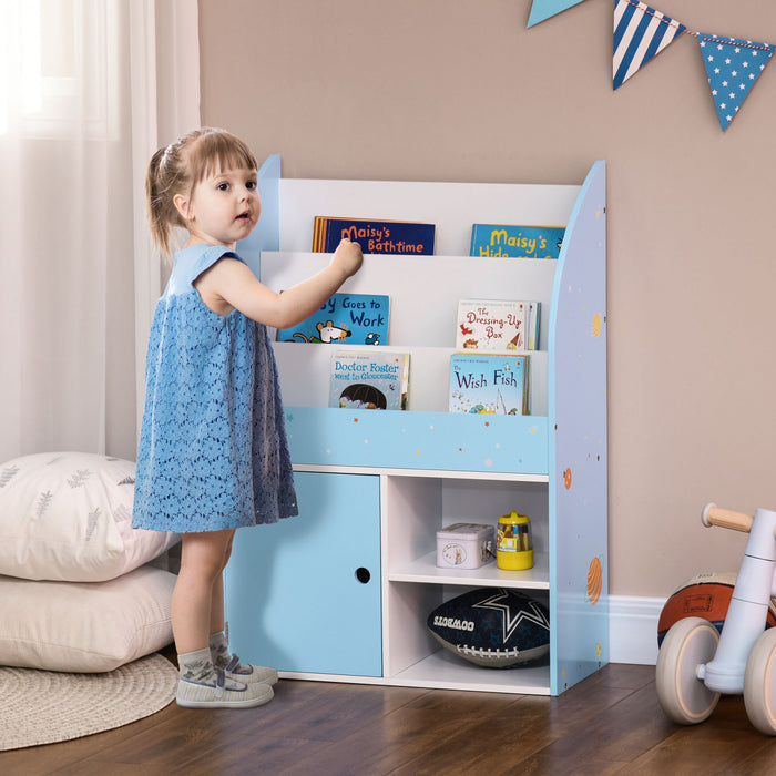 Qaba Organisateur De Rangement Pour Jouets Avec Armoire, Etagere Pour Enfants Avec Motifs Etoiles Et Planetes, Bibliotheque Autoportante Pour Enfants, Presentoir Pour Jouets, Vetements, Livres, Bleu
