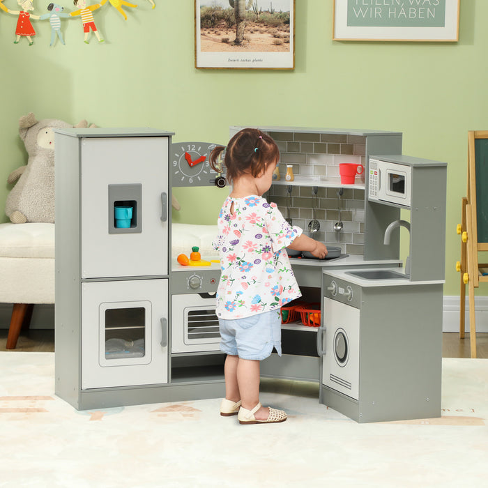Qaba Cuisine De Jeu D'angle Pour Enfants, Ensemble De Simulation De Cuisine Avec Lumieres Et Sons, Cuisiniere, Machine A Glacons, Micro-ondes, Pour Enfants De 3 Ans Et Plus