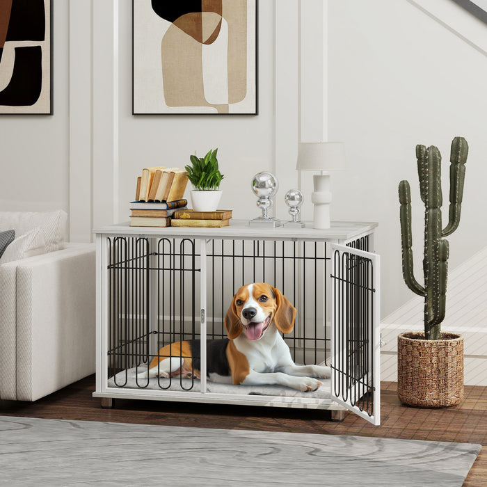 Pawhut Meuble De Cage De Chien Avec Coussin Lavable, Table D'appoint Pour Niche D'interieur Avec Pieds Reglables Pour Chiens De Taille Moyenne, Gris
