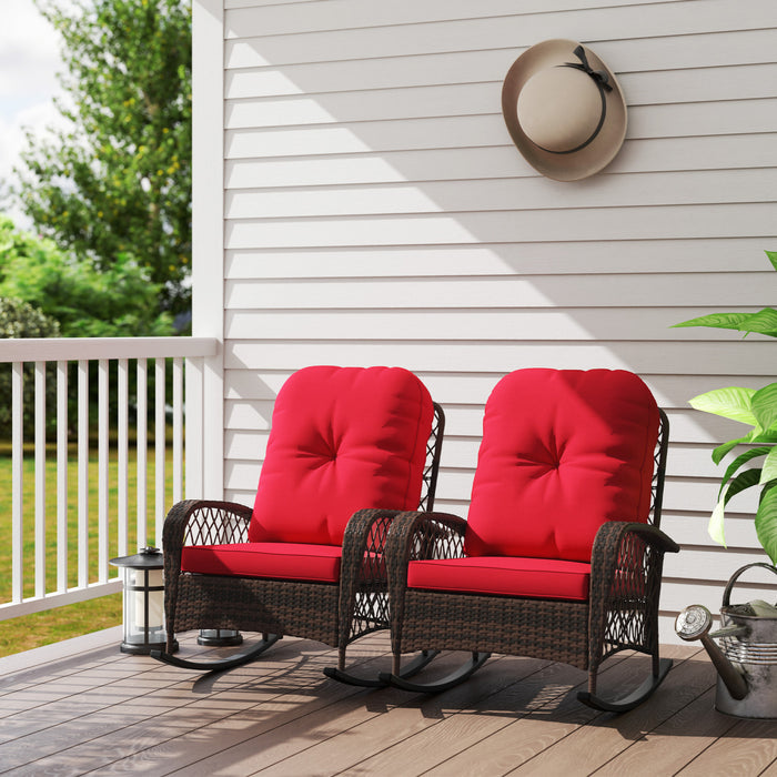 Outsunny Lot De 2 Chaises A Bascule En Rotin Avec Coussin Pour Jardin Rouge