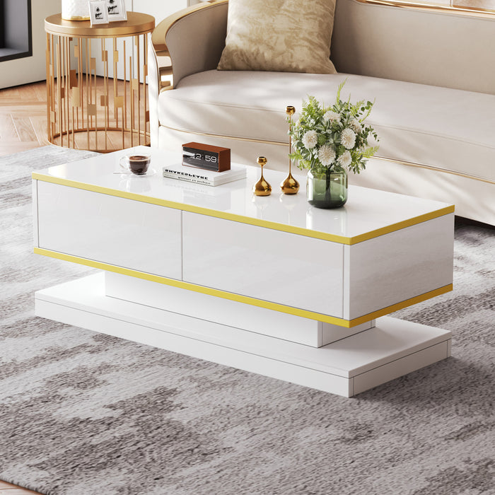James table basse – table avec 2 tiroirs et details dores, blanc