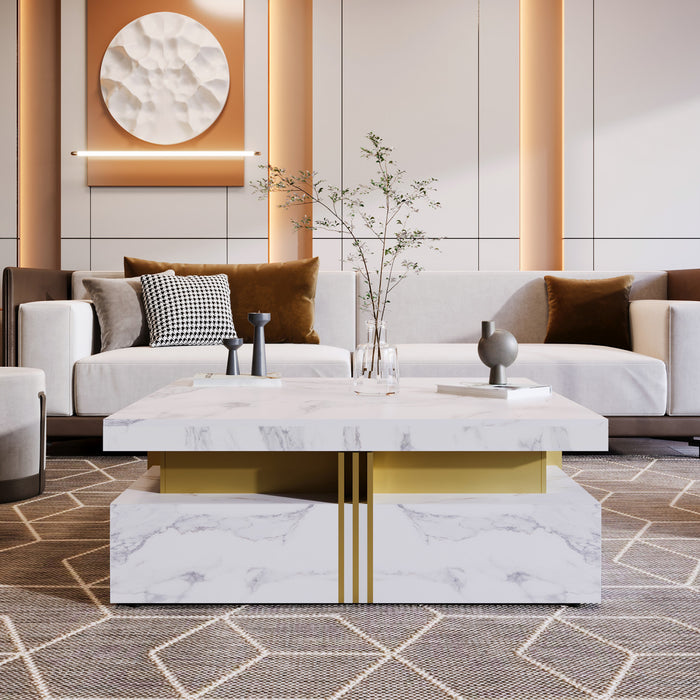 Table Basse Carree Marcia De 33,5\" En Bois Composite Avec Tiroirs De Rangement, Blanche