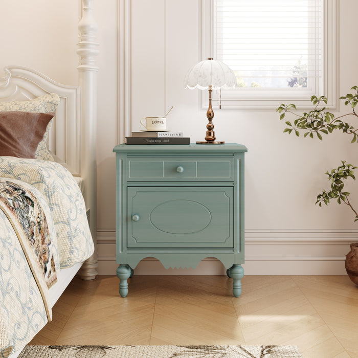Amelia Table de Nuit Vintage de 24\" avec Tiroir Sculpte et Cabinet, Bleu