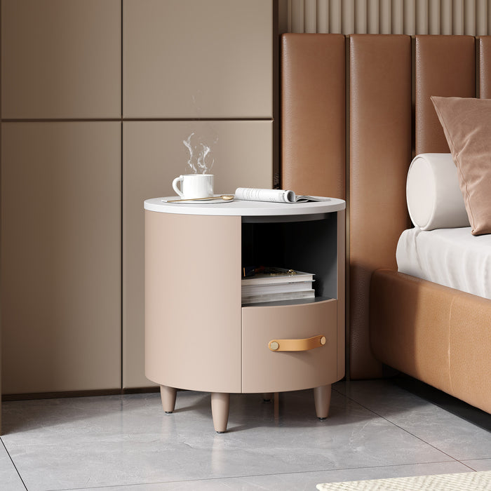 La table de nuit moderne Olivia au design incurve avec tiroir de rangement, couleur Haiki