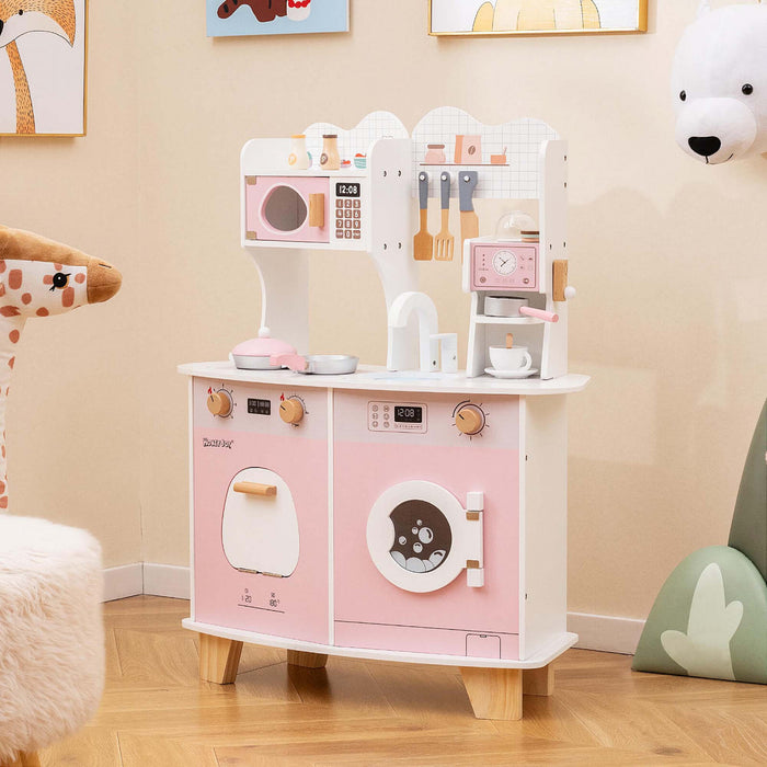 Costway Wooden Kids Kitchen Playset Pretendre Jouer Cuisine Avec Cafetiere Et Micro-ondes