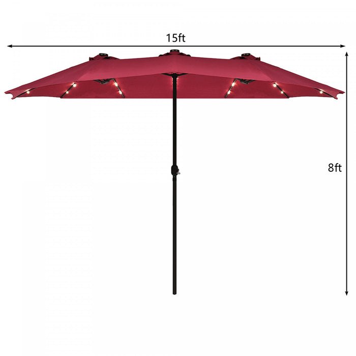 Costway Parasol de marche double-face solaire LED 15Ft Patio avec manivelle Bourgogne