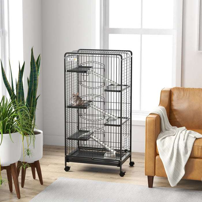 Pawhut Cage Pour Petits Animaux A 5 Niveaux Pour Lapins Et Chinchillas Avec Plateau Amovible, Rampe, Bouteille D'eau, Plat De Nourriture, Pour Une Utilisation En Interieur - Noir