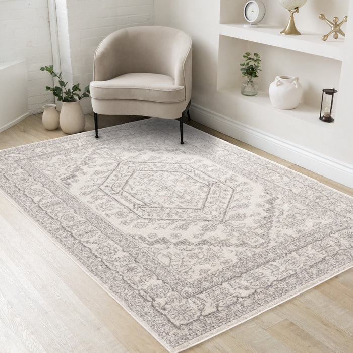 Tapis Fallon blanc gris elegant delave traditionnel, 7'10\" x 10'6\"