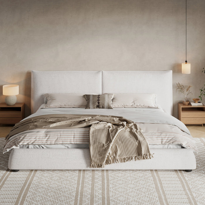 Lit plateforme Mason en tissu melange de lin avec tete de lit rembourree a coussins, taille king, blanc