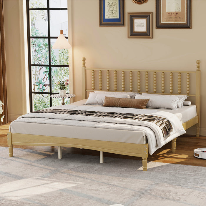 Oliver Lit Plateforme Retro en Bois avec Tete de Lit en Forme de Gourde et Support en Lattes en Bois Robustes, Taille King, Naturel