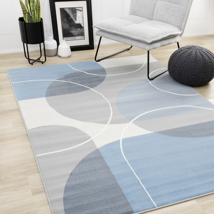 Carpette Forte bleue, grise et blanche à motif géométrique de demi-cercles - 7 pi 9 po x 10 pi 6 po