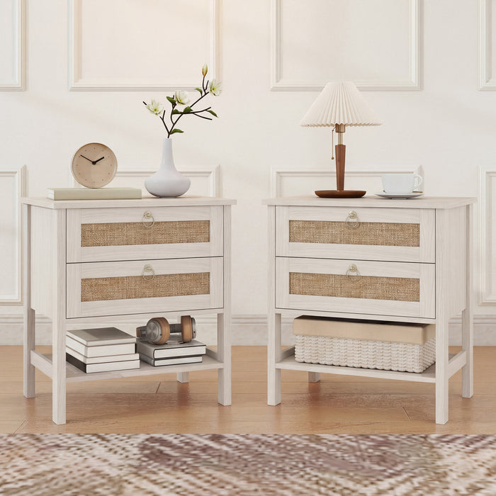 HOMCOM Lot de 2 Tables de Nuit en Rotin avec 2 Tiroirs, Chene Blanc