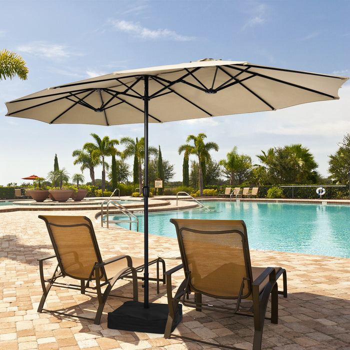 Parasol de patio jumeau double face Costway de 15 pieds, marche exterieur avec manivelle et base beige