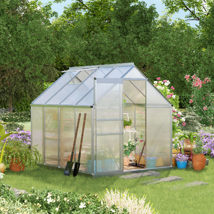 Outsunny Serre En Polycarbonate De 8' X 6' X 6,5' Avec Cadre En Aluminium, Serre Robuste Avec Aeration De Toit Reglable, Gouttiere Et Porte Coulissante Pour L'hiver, Argente