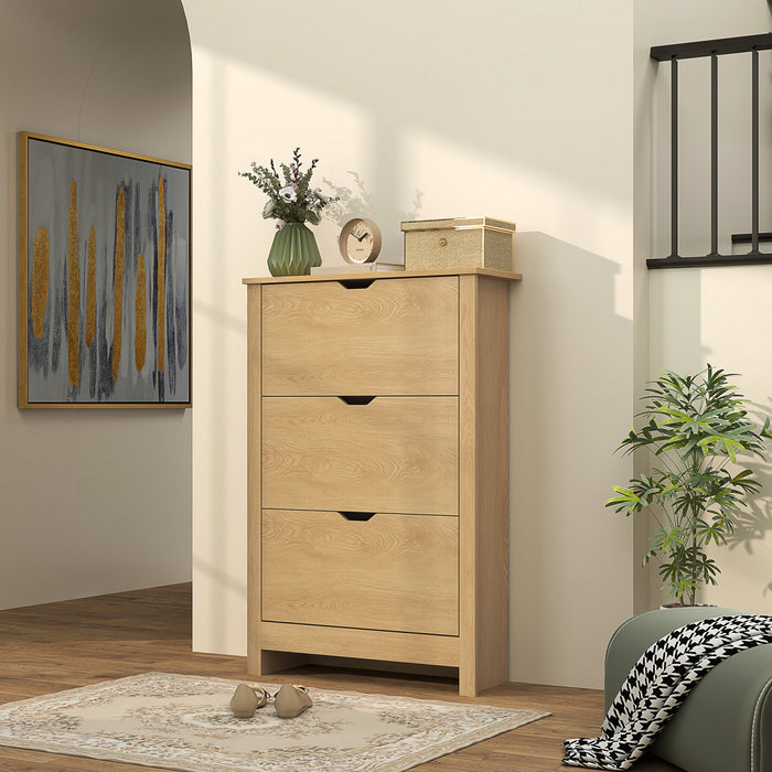 HOMCOM Meuble a chaussures etroit avec 3 tiroirs basculants et etageres ajustables, bois naturel