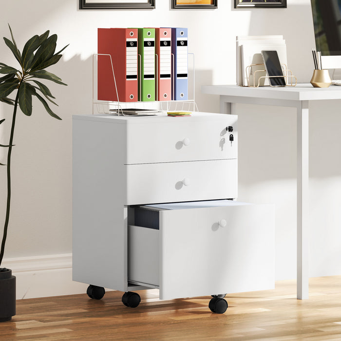 HOMCOM Classeur a 3 tiroirs avec serrure, classeur mobile, blanc
