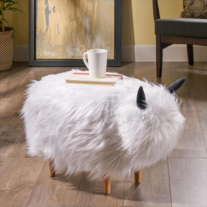 Pouf Repose-pieds Julius En Bois Tapisse Avec Pieds En Forme De Yak, Blanc