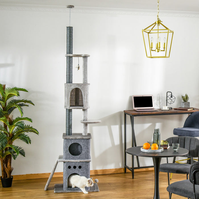 Pawhut 89\"-100\" Arbre A Chat Du Sol Au Plafond Tour D'escalade Pour Chat A 6 Niveaux Reglable En Hauteur Avec Griffoir, Rampe, Condo, Perchoir, Boule De Jouet, Grande Tour Pour Chat, Gris Clair