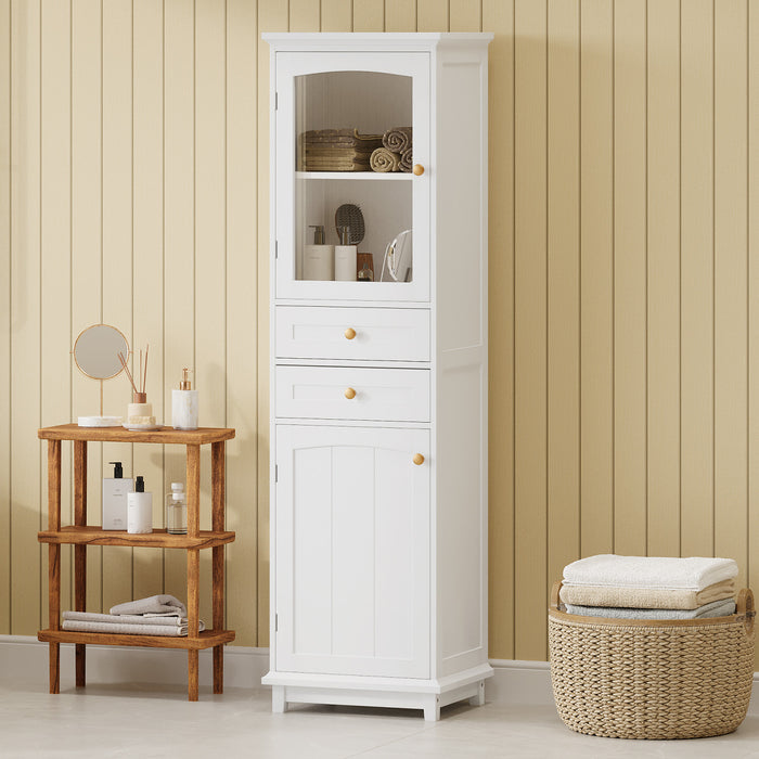 Jamie Armoire Haute De Salle De Bain 63\" En Bois De Pin Avec Etageres Reglables Et Portes Vitrees - Blanche