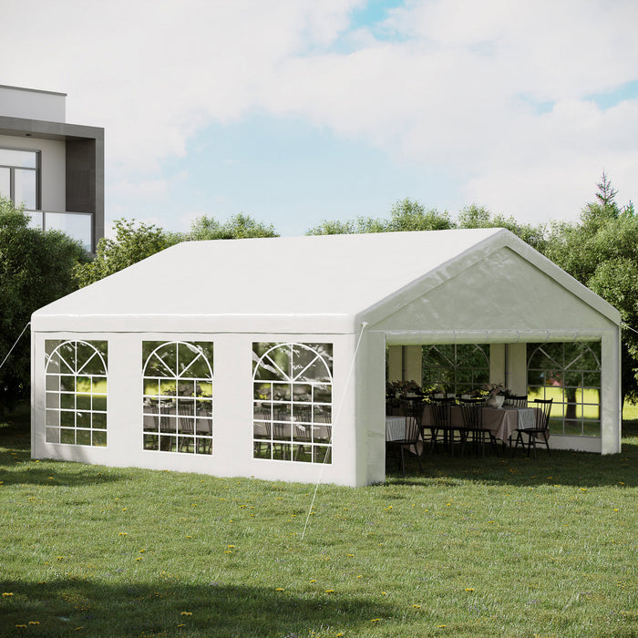 Outsunny 20'x20' Grand Abri De Voiture Exterieur Robuste Garage Party Event Tente Patio Gazebo Auvent Avec Paroi Laterale Amovible, Blanc
