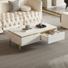 Lustra 39.4 Inch Modern High-Gloss Coffee Table with Dual Drawers and Gold Accents, White | Lustra Table Basse Moderne Haute Brillance 39.4 po avec Double Tiroirs et Accents Dores, Blanc