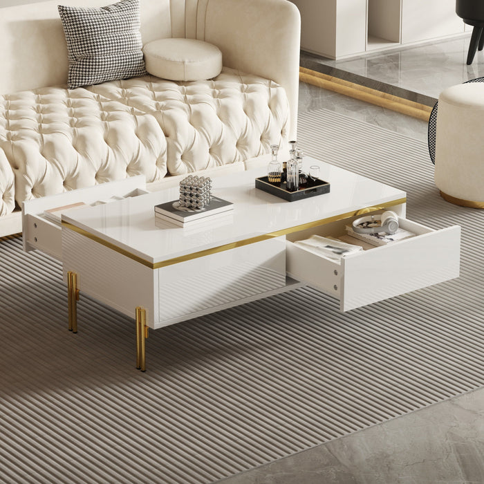 Lustra Table Basse Moderne Haute Brillance 39.4 po avec Double Tiroirs et Accents Dores, Blanc