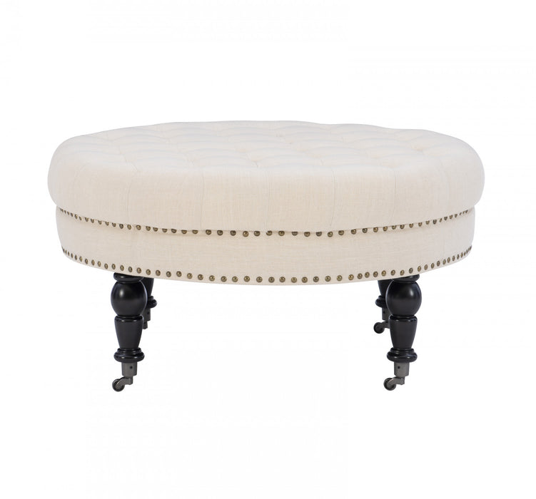Pouf rond Isabelle capitonné en tissu - naturel