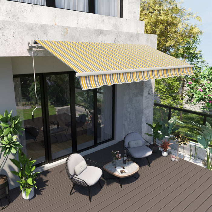 Outsunny 12' X 10' Store Banne Manuel Retractable Aluminium Polyester Impermeabilise Anti-uv Jaune Et Blanc