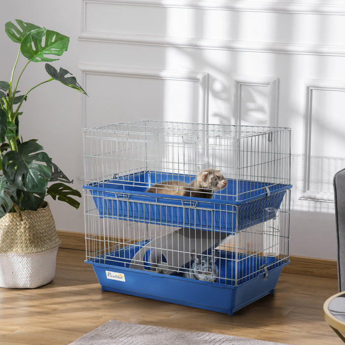 Pawhut 2-tier 27\" Cage En Plastique Pour Petits Animaux En Acier Cochon D'inde Lapin Enclos De Huche Maison De Jeu Pour Animaux De Compagnie Avec 2 Portes, Plate-forme, Rampe, Plat Et Bouteille, Bleu