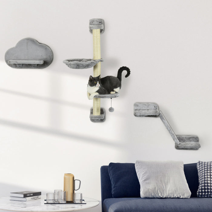 Pawhut 3 Pieces Etageres Pour Chat, Meubles Muraux Pour Chat Avec Hamac, Poteaux A Gratter, Plates-formes De Saut, Balles De Jouets, Etageres Murales Pour Chat Pour Une Utilisation En Interieur, Gris