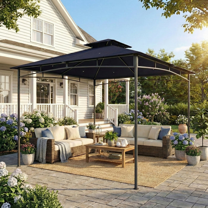 Outsunny Gazebo 3 m x 3 m, Tonnelle de Jardin a Toit Souple a 2 Niveaux, Bleu Marine