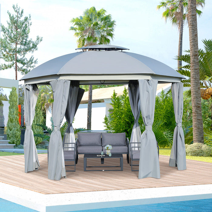 Outsunny Tonnelle Ronde De 12' X 12', Auvent De Terrasse En Forme De Dome Avec Double Toit, Parois Laterales En Filet Et Rideaux, Portes A Fermeture Eclair, Cadre En Acier Solide, Gris