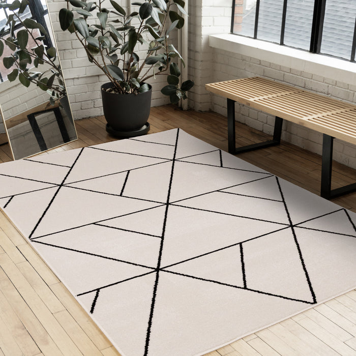 Tapis Covington a motif de treillis geometrique moderne blanc et noir, 7'10\" x 10'6\"