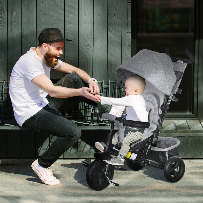 Qaba Tricycle 4 En 1 Pour Tout-petits, Tricycle Pour Enfants Avec Auvent Pliable, Poignee Et Housse Amovibles, Panier De Rangement, Ceinture De Securite A 5 Points, Pour Enfant De 1 A 5 Ans, Gris