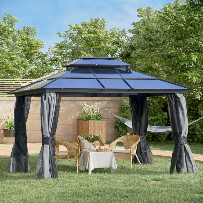 Outsunny 12' X 10' Gazebo A Toit Rigide En Polycarbonate Canopee D'exterieur Toit A Double Niveau Cadre En Aluminium Avec Rideaux, Filet Parois Laterales Patio, Noir