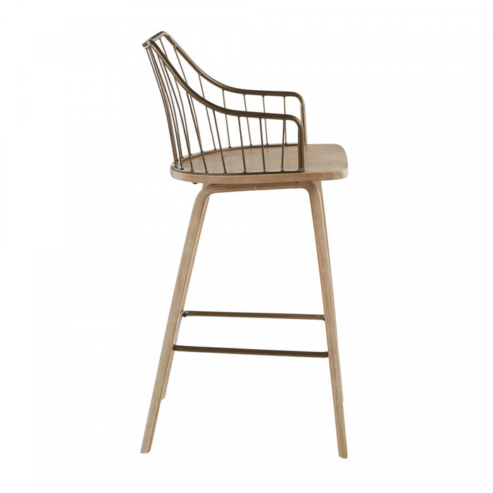 Tabouret champêtre Winston de hauteur comptoir en bois - blanchi et cuivre antique