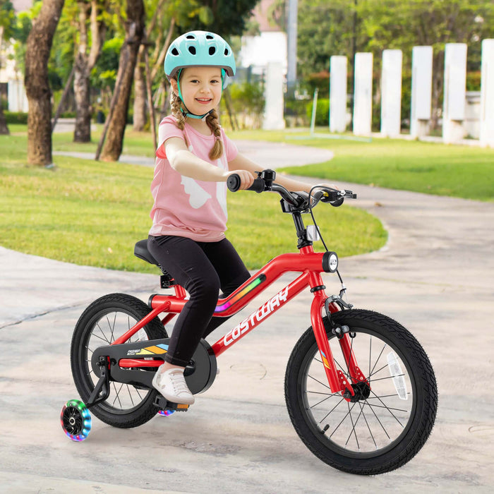 Costway 16\" Led Eclaire Velo Pour Enfants Avec Siege Reglable Coaster Frein Roues D'entrainement Rouge