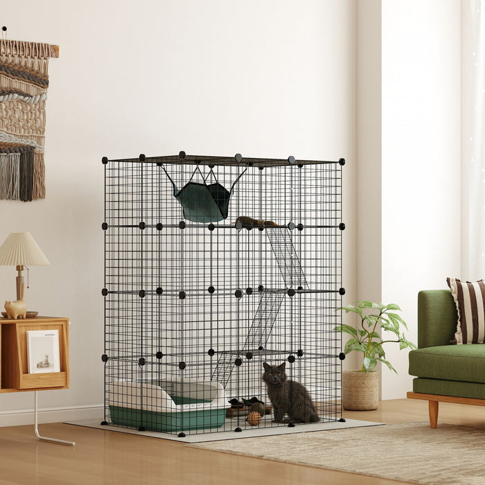 Pawhut Grande Cage Pour Chat A 4 Niveaux, Parc Pour Animaux De Compagnie Avec Hamac, Plates-formes, Rampes, Lieu D'exercice Pour 1 A 3 Chats, Utilisation En Interieur, Noir